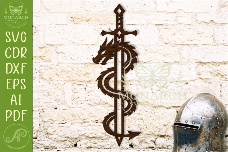 Dragon Sword SVG, Fantasy Wall Art, Medieval Dragon Laser example image 1