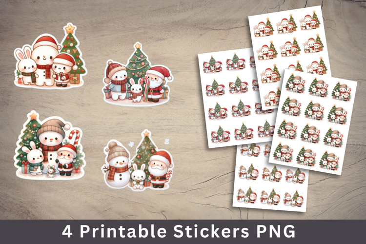 christmas printable sticker - cute santa claus snowman tree