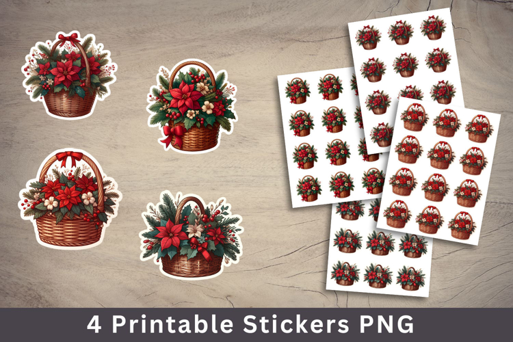 christmas printable sticker - flowers in basket bouquet