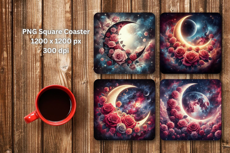 square coaster - cosmic floral crescent moon