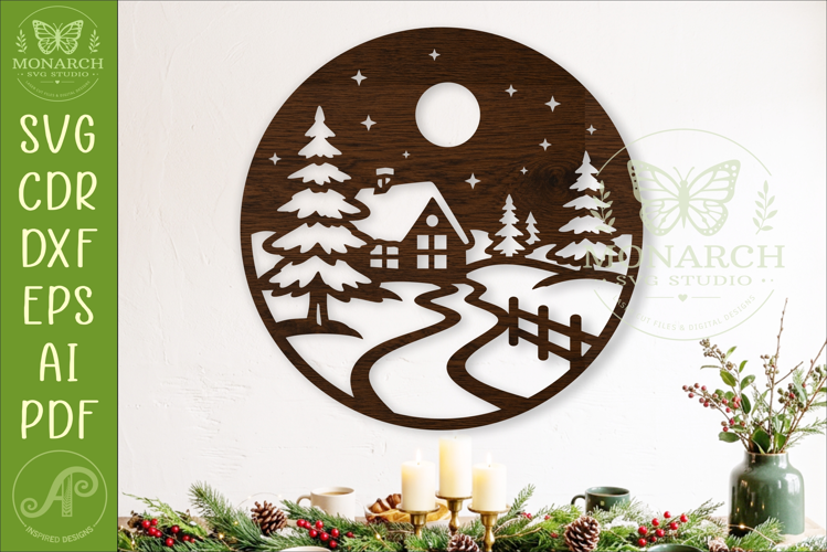 Winter Cabin SVG Snowy Forest Scene Christmas Decor Rustic