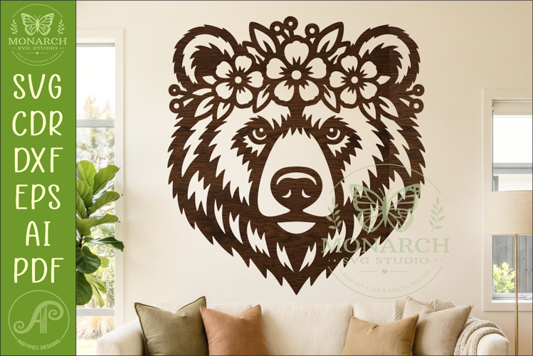 Floral Bear Face SVG with Flower Crown for Laser Cut Wall