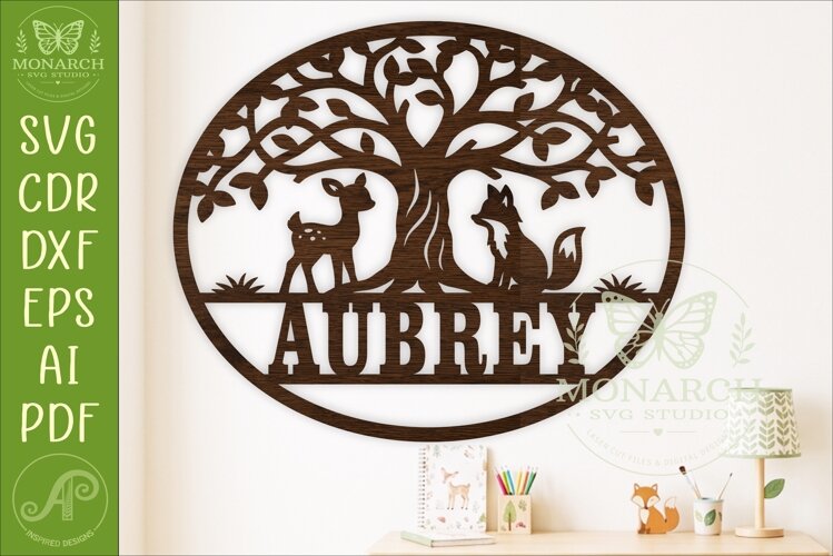 Woodland Animal Name Sign SVG, Deer Fox Tree Nursery Wall example image 1