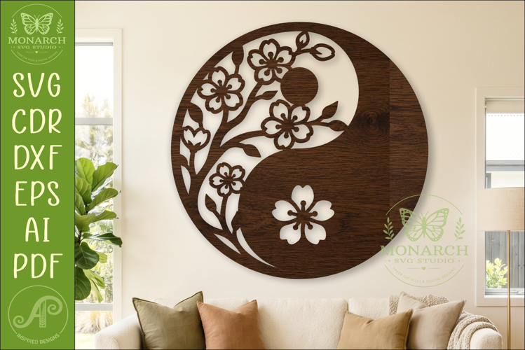 Cherry Blossom Yin Yang SVG, Floral Zen Wall Art Laser Cut