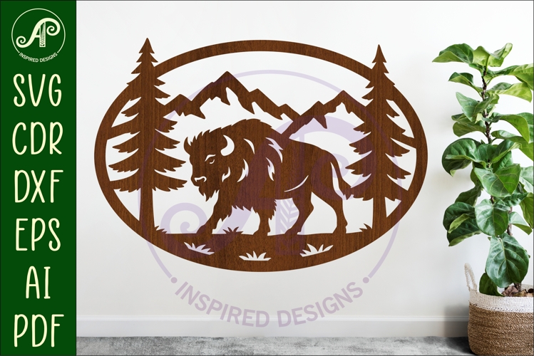 Buffalo mountain scene Oval wall sign laser cut file