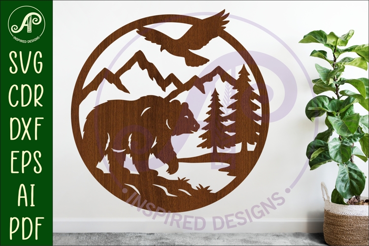 Grizzly bear mountain scene wall sign svg laser cut