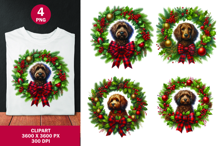 watercolor clipart png - christmas wreath poodle dog