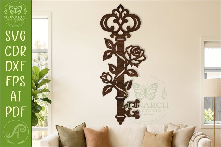 Floral Skeleton Key SVG, Vintage Rose Key Laser Cut Wall example image 1