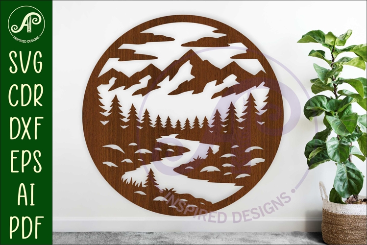 Mountain River Forest Circle SVG Laser Cut File Cabin sign