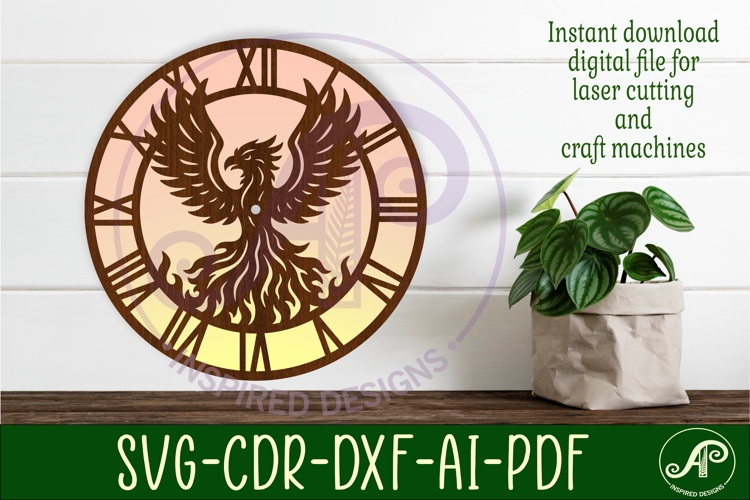 Phoenix bird clock wall clock laser cut files