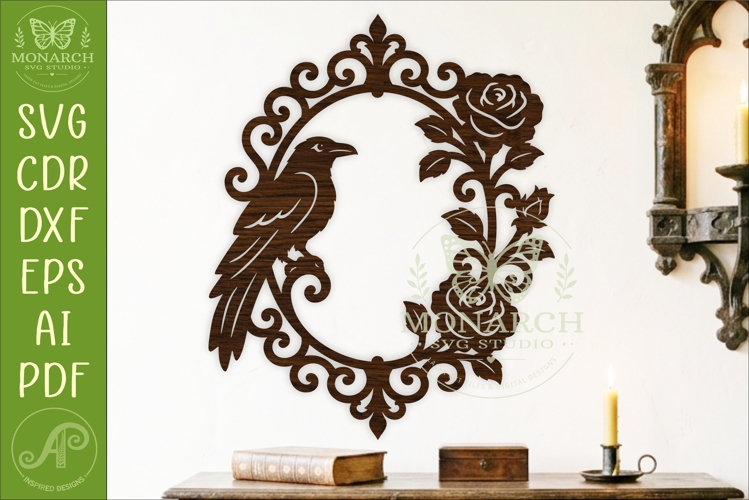 Gothic Raven Wall Art SVG, Victorian Rose Frame Laser Cut