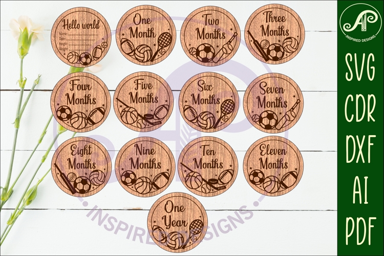 Sports balls themed Baby monthly milestone discs SVG laser