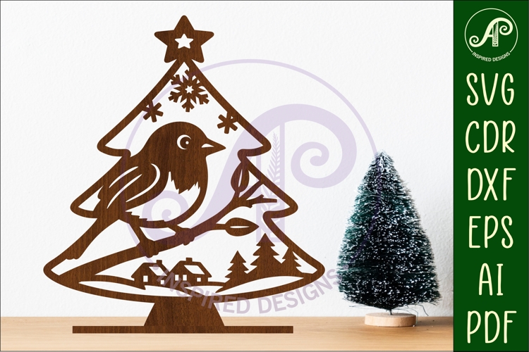 Christmas tree stand, laser cut file, Robin bird