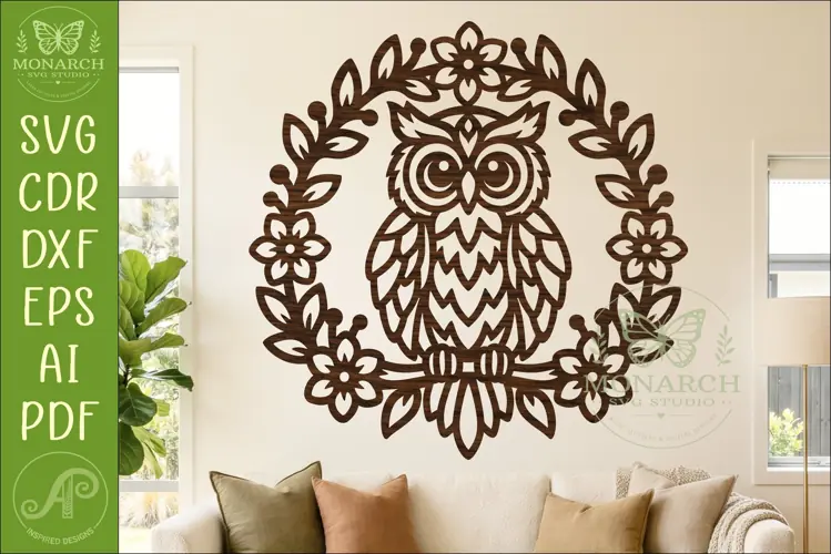 Floral Owl Wall Sign SVG, Woodland Bird Laser Cut File