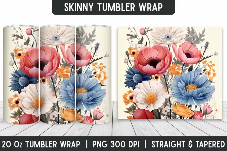 Flower Tumbler Wrap | 3D Sublimation | Skinny Tumbler
