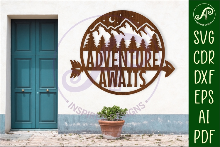 Adventure awaits mountains wall art sign, SVG file. vector
