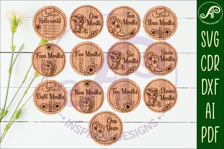 Cowgirl Baby monthly milestone discs SVG laser engraved