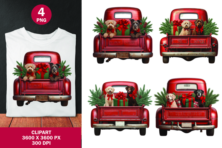 watercolor clipart png - christmas truck with dog