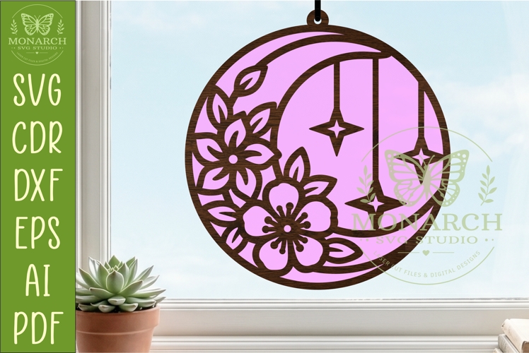 Floral Moon Suncatcher SVG | celestial Window Hanger Laser