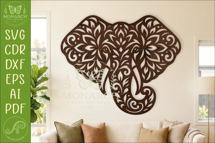 Floral Elephant Laser Cut File, Boho Elephant Wall Art SVG example image 1