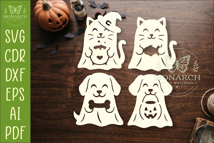 Cute Pet Ghost SVG designs. Halloween Dog & Cat Ghost Laser