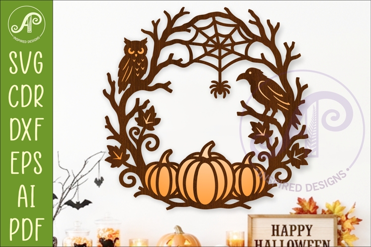 Halloween Pumpkin Wreath SVG with Owl Raven Spider Web Laser