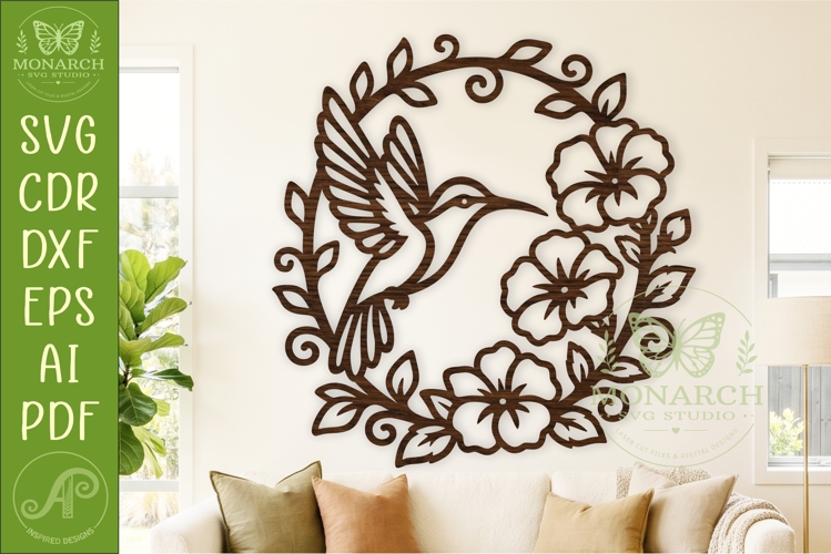 Hummingbird Floral Wreath SVG, Elegant Bird Wall Art Laser