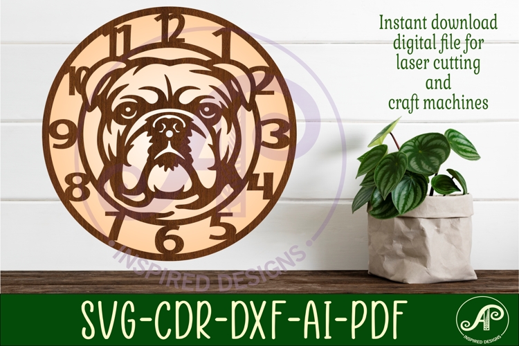 English bulldog dog wall clock laser cut files, SVG