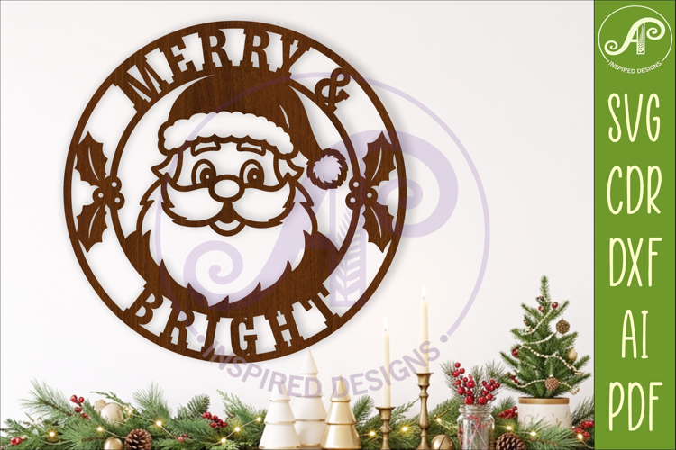 Merry and Bright Santa Christmas Sign SVG, Festive Holiday