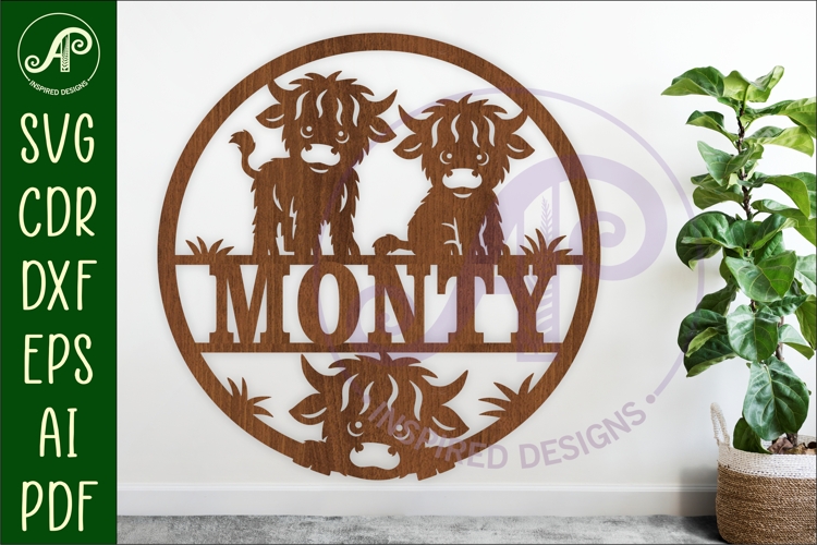Cute highland cow farm name sign design for laser cutting