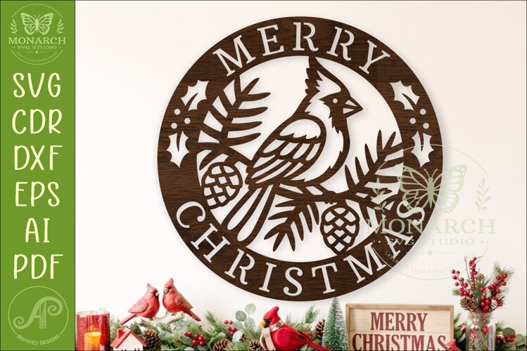 Cardinal Merry Christmas Sign SVG, Christmas Bird Wall Decor example image 1