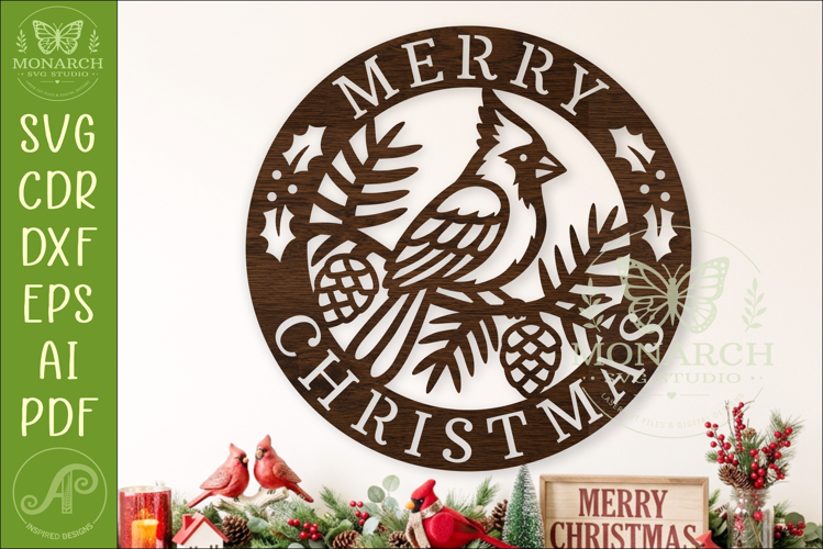 Cardinal Merry Christmas Sign SVG, Christmas Bird Wall Decor