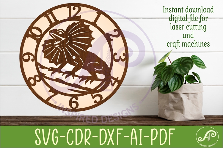 Frill Neck Lizard Clock SVG, Reptile Laser Cut Clock Design
