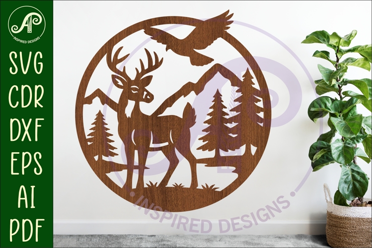 White tail deer mountain scene wall sign svg laser cut file