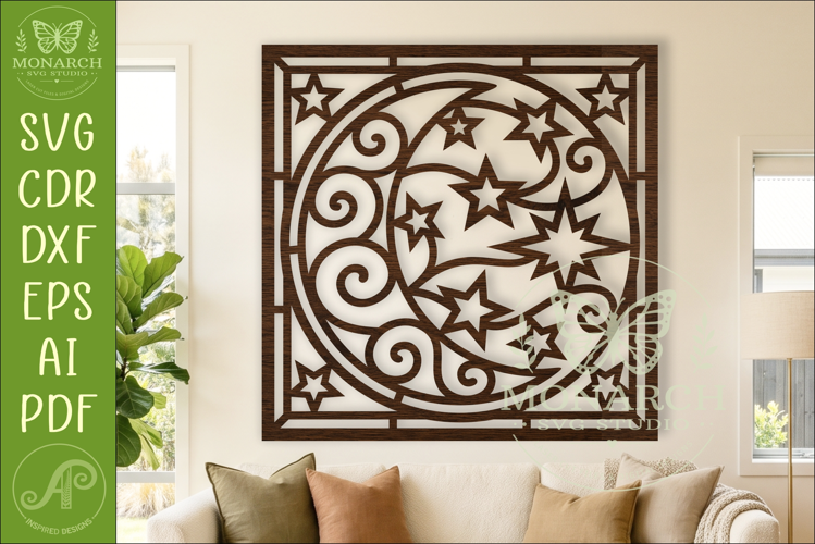 Celestial Moon and Stars SVG, Whimsical Crescent Moon Laser
