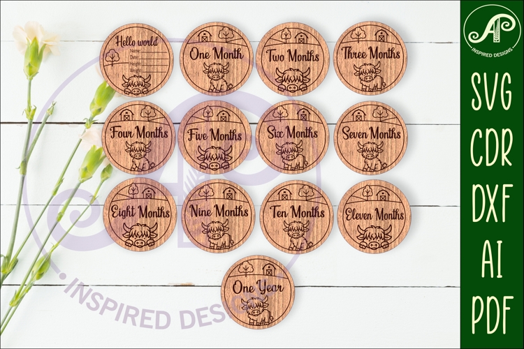 Highland cow themed Baby monthly milestone discs SVG laser