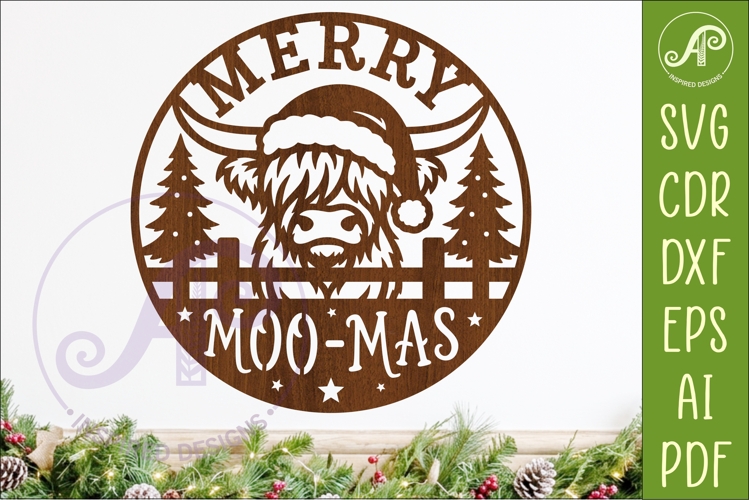 Highland Cow Merry Moo-Mas Sign SVG Laser Cut File