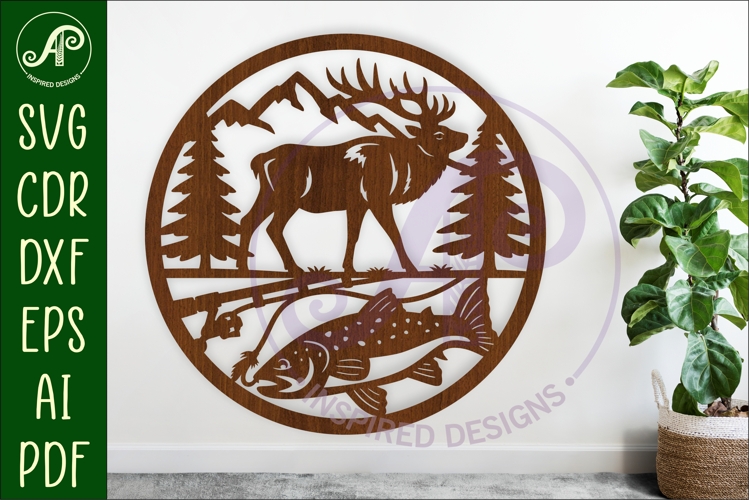 Elk and Trout, Hunting and fishing wall sign, SVG file.