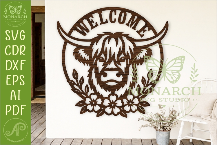 Highland Cow Welcome Floral Wall Sign SVG Farmhouse Door