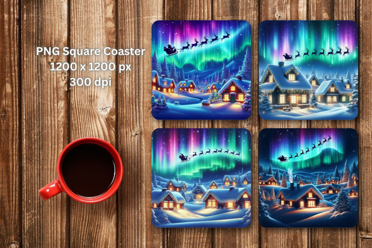 square coaster - christmas santa claus reindeer aurora