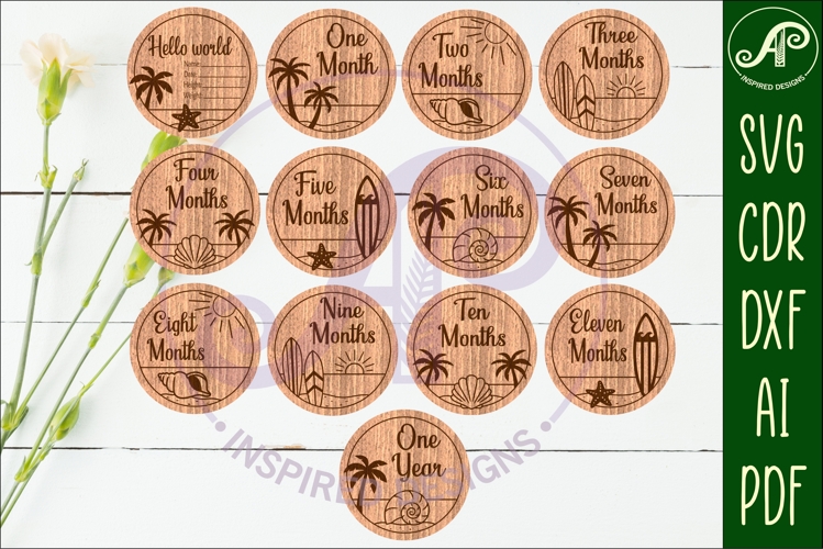 Beach, surfer themed Baby monthly milestone discs SVG