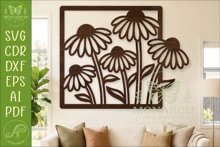 Coneflower Garden Wall Art Laser Cut SVG Floral Square example image 1