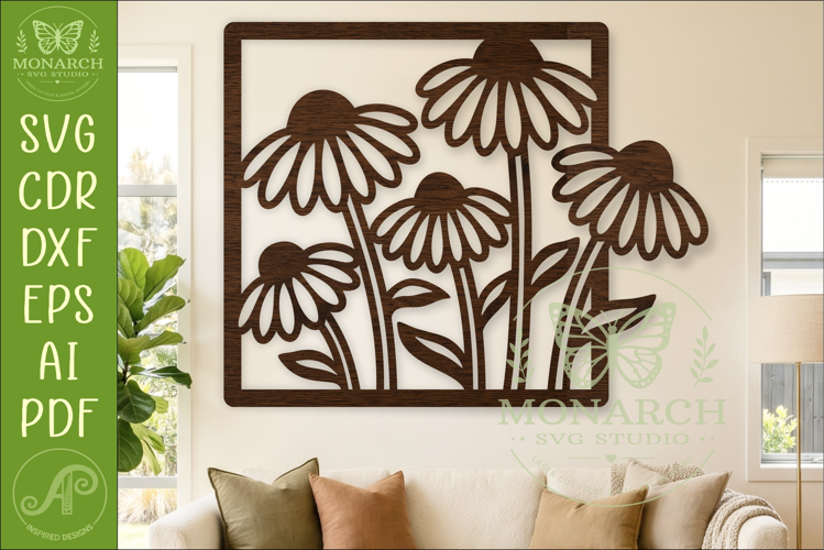 Coneflower Garden Wall Art Laser Cut SVG Floral Square