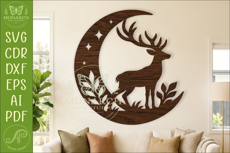 Deer and Moon Wall Art SVG, Woodland Stag Laser Cut Design example image 1