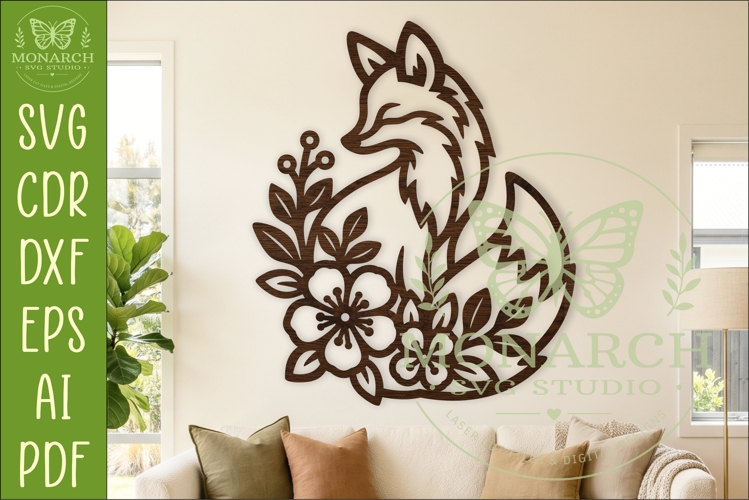 Floral Fox Wall Art SVG, Woodland Fox Decor Sign for Laser