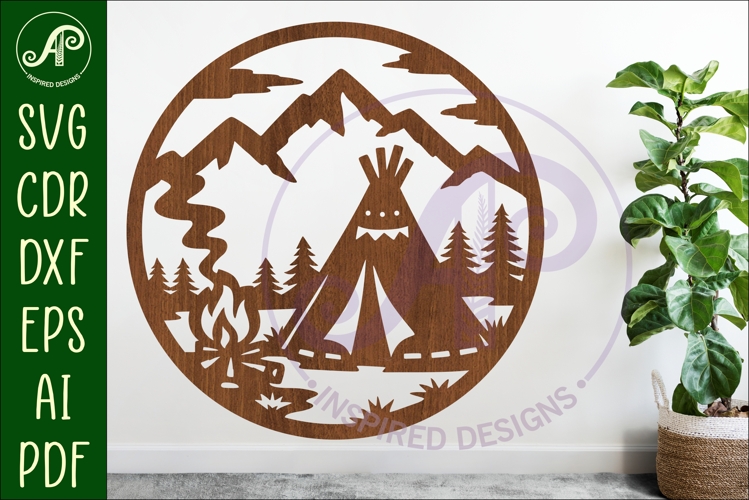 Tipi Camp Scene Wall Art , Teepee campfire sign Day