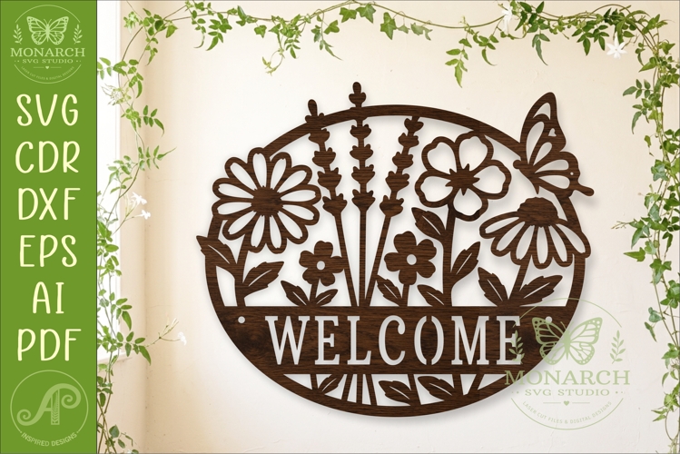 Floral Welcome Sign SVG, Wildflower Door Hanger, Butterfly