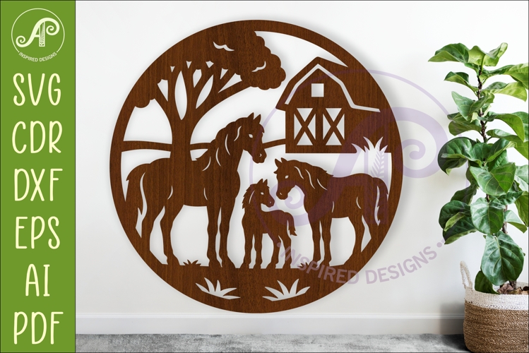 Horse Family on the farm scene wall sign, SVG file.