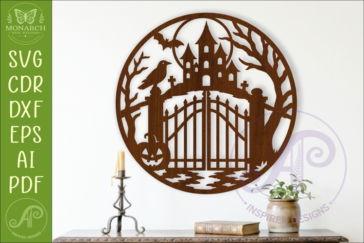 Haunted Garden Gate Halloween Wall Sign SVG, Gothic Laser