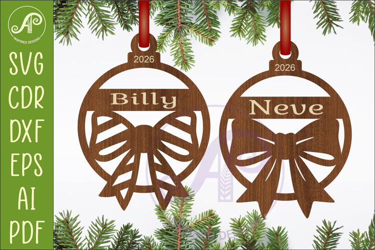 Bow Christmas Ornament SVG, Engraved Name Bauble, Laser Cut